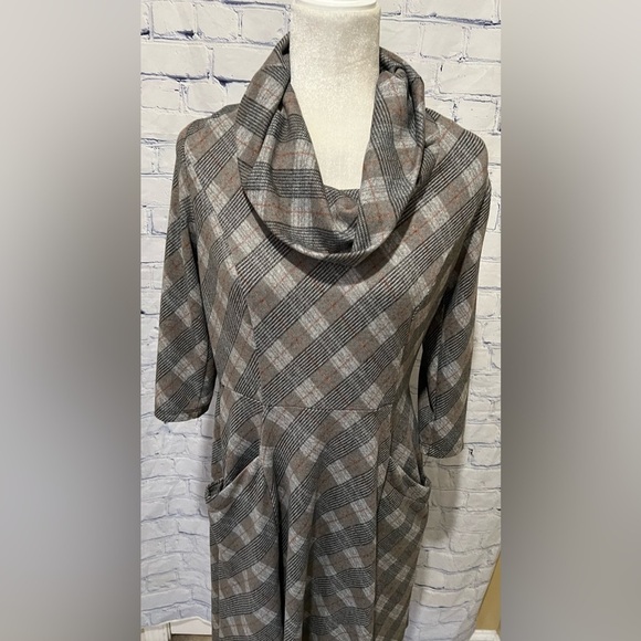 Robbie Bee Plaid Midi Fit/Flare 3/4-sleeve Cowl Neck Stretch Dress M - Picture 2 of 7